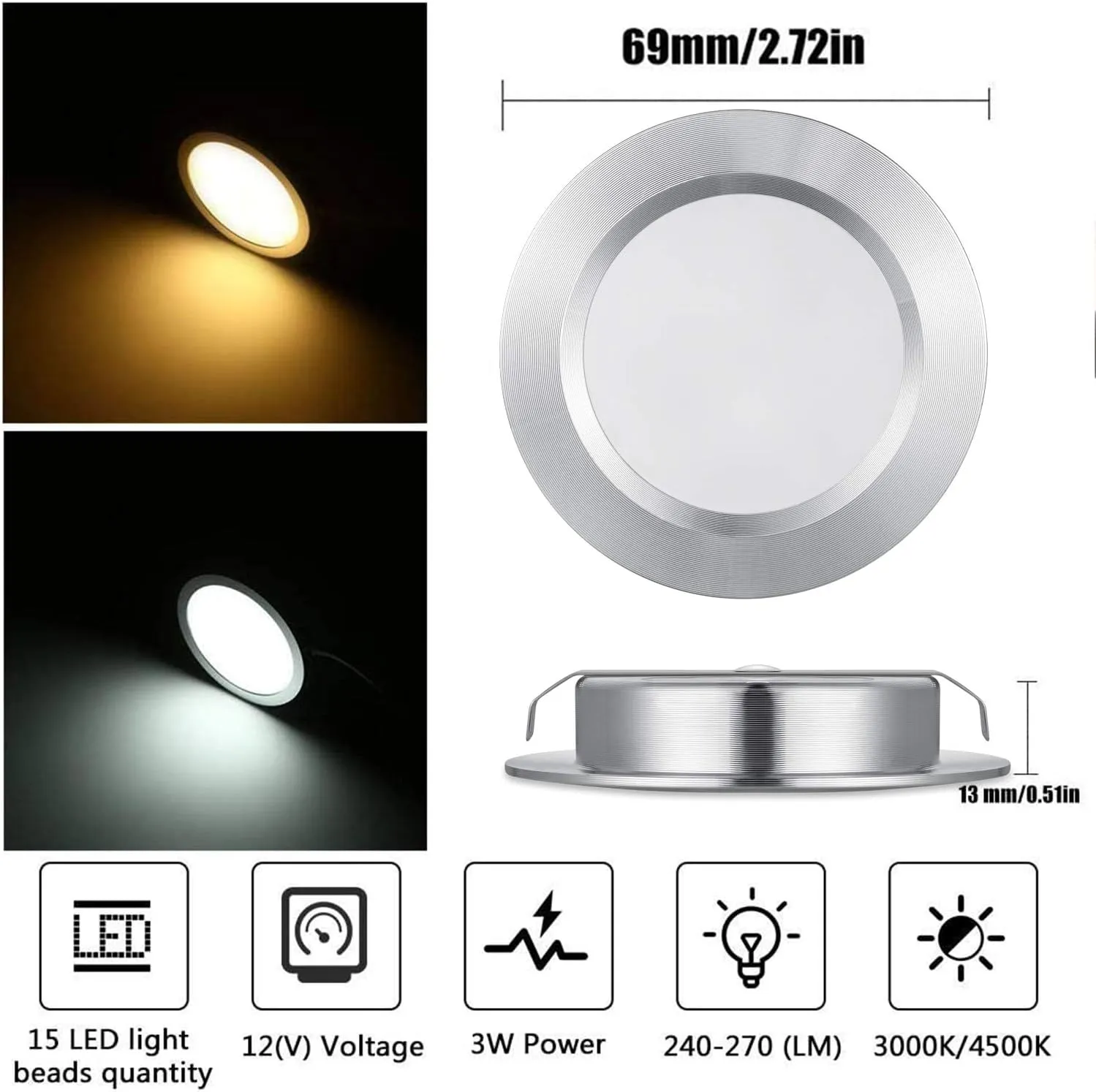 12 Volt Led Lights for RV Boat Trailer Camper - Neutral 4500K 300 Lumens 3W, Low Voltage Recessed Light Dimmable, Pack of 8