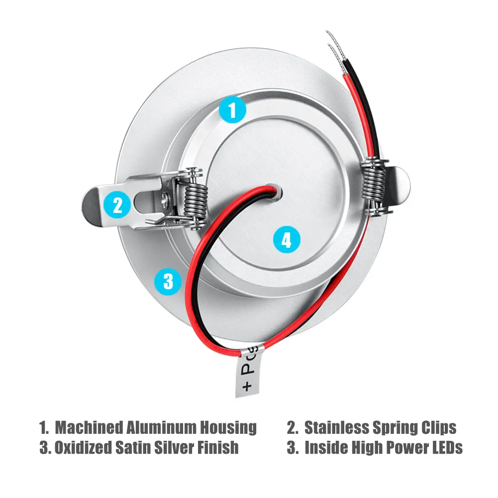 12V LED Puck Light, RV Boat Recessed LED Ceiling Light Overhead 3-1/4 Inch Flush Mount Full Aluminum CRI 90  Silver