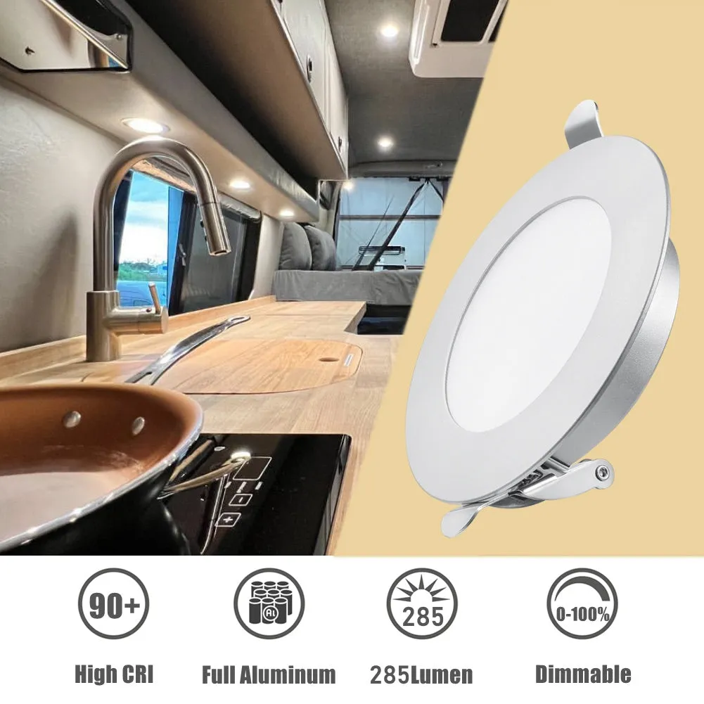 12V LED Puck Light, RV Boat Recessed LED Ceiling Light Overhead 3-1/4 Inch Flush Mount Full Aluminum CRI 90  Silver