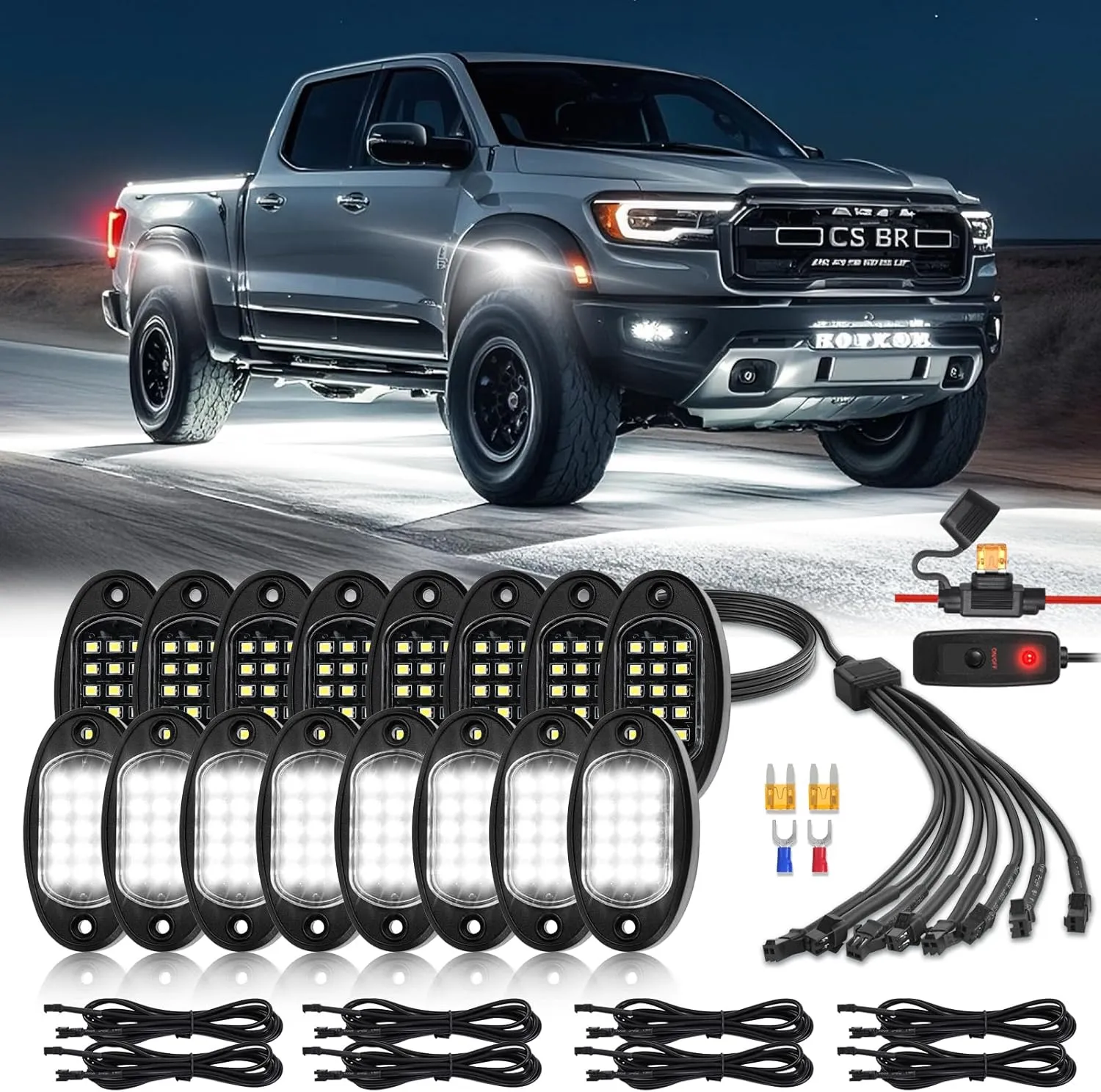 16 Pods Pure White LED Rock Lights with Extension Wires, IP68 Waterproof 6500K Super Bright White Underglow Kit for Semi Truck Sedans Trailer Offroad Pickup RV Underbody Under Car Lighting