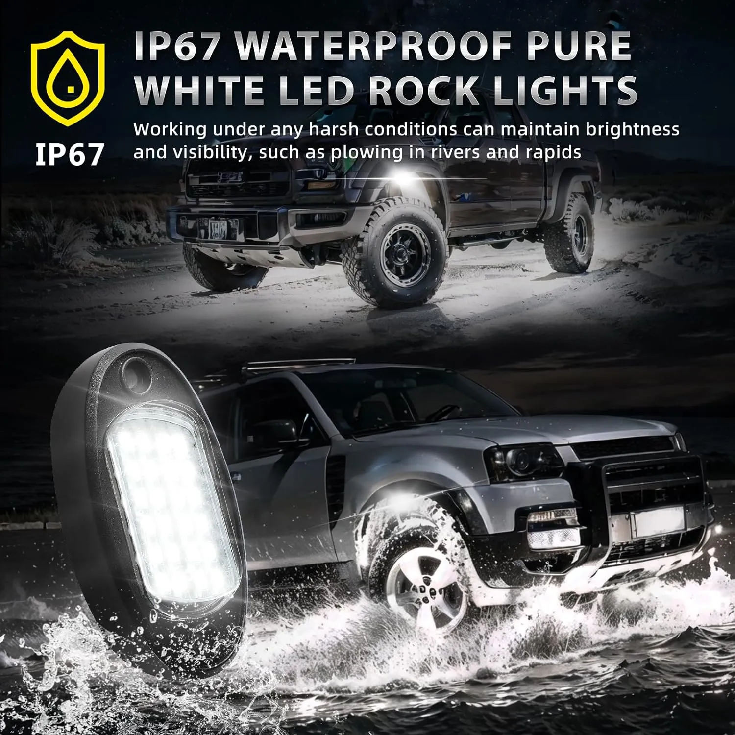 16 Pods Pure White LED Rock Lights with Extension Wires, IP68 Waterproof 6500K Super Bright White Underglow Kit for Semi Truck Sedans Trailer Offroad Pickup RV Underbody Under Car Lighting