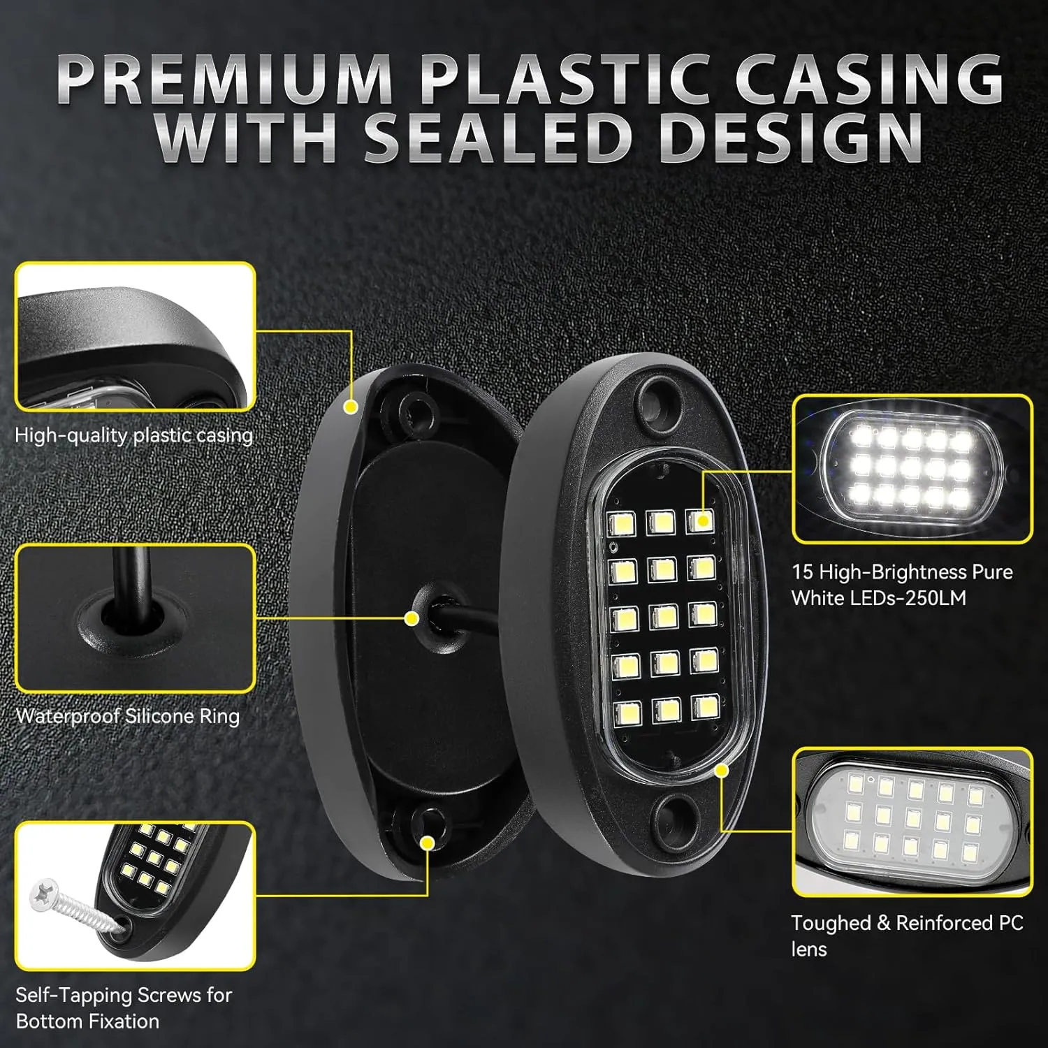 16 Pods Pure White LED Rock Lights with Extension Wires, IP68 Waterproof 6500K Super Bright White Underglow Kit for Semi Truck Sedans Trailer Offroad Pickup RV Underbody Under Car Lighting