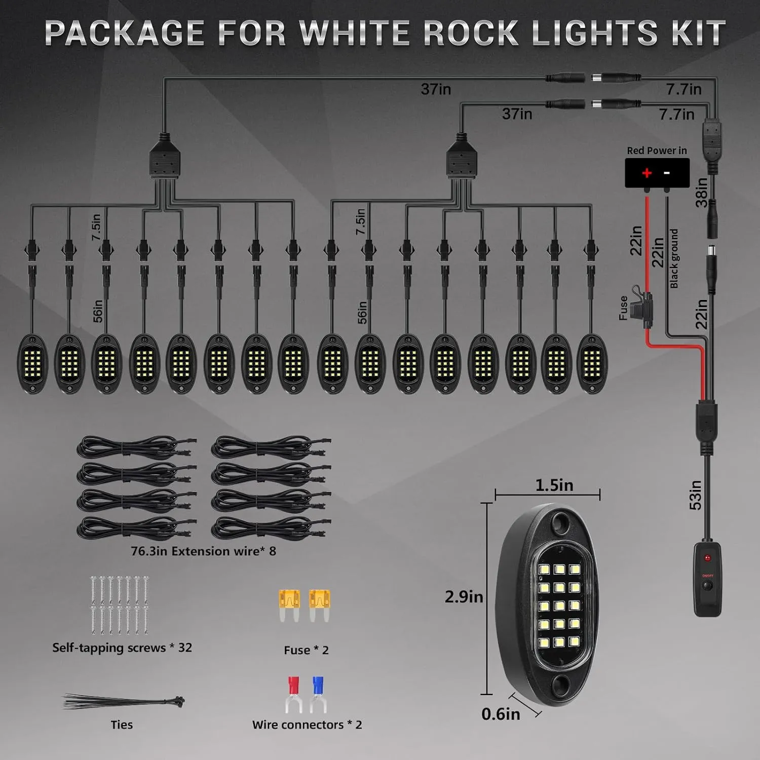16 Pods Pure White LED Rock Lights with Extension Wires, IP68 Waterproof 6500K Super Bright White Underglow Kit for Semi Truck Sedans Trailer Offroad Pickup RV Underbody Under Car Lighting