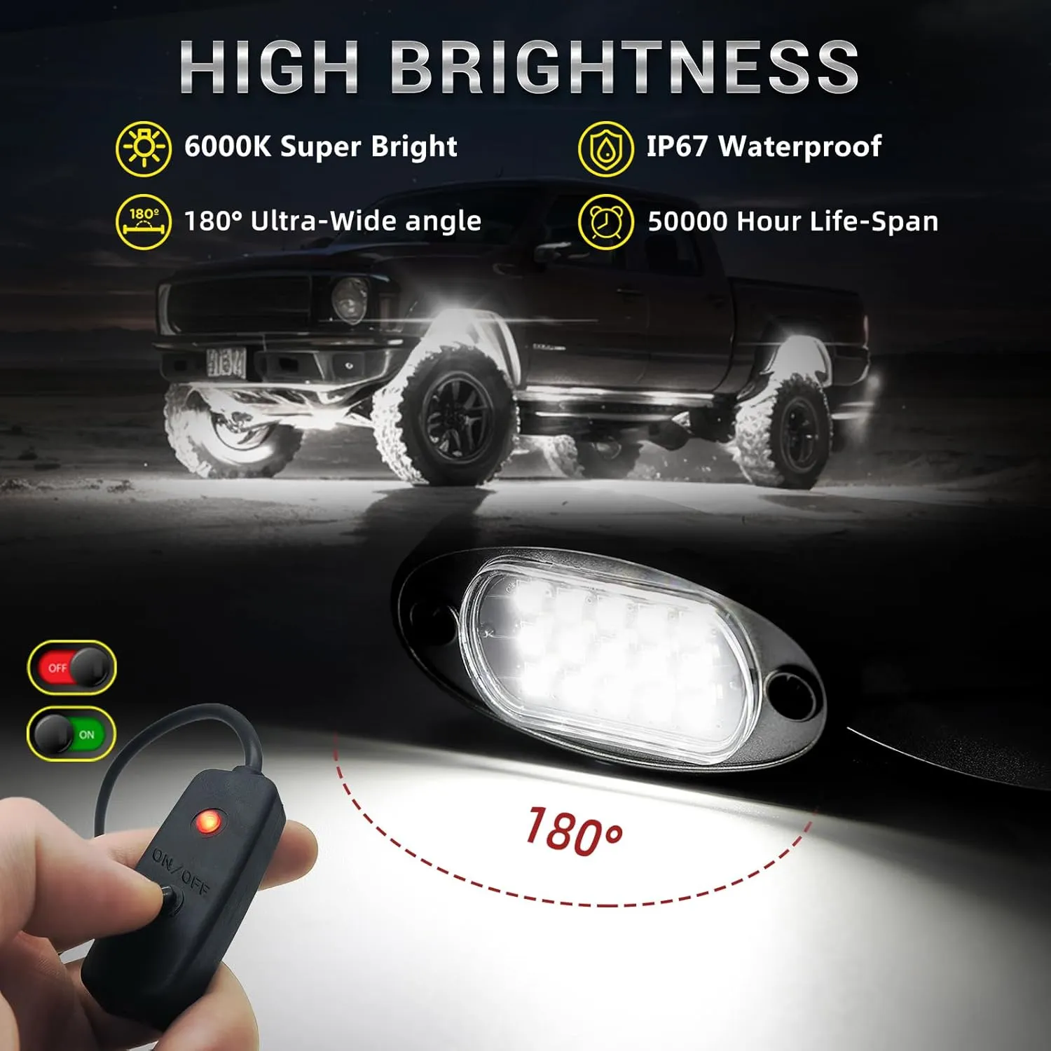 16 Pods Pure White LED Rock Lights with Extension Wires, IP68 Waterproof 6500K Super Bright White Underglow Kit for Semi Truck Sedans Trailer Offroad Pickup RV Underbody Under Car Lighting
