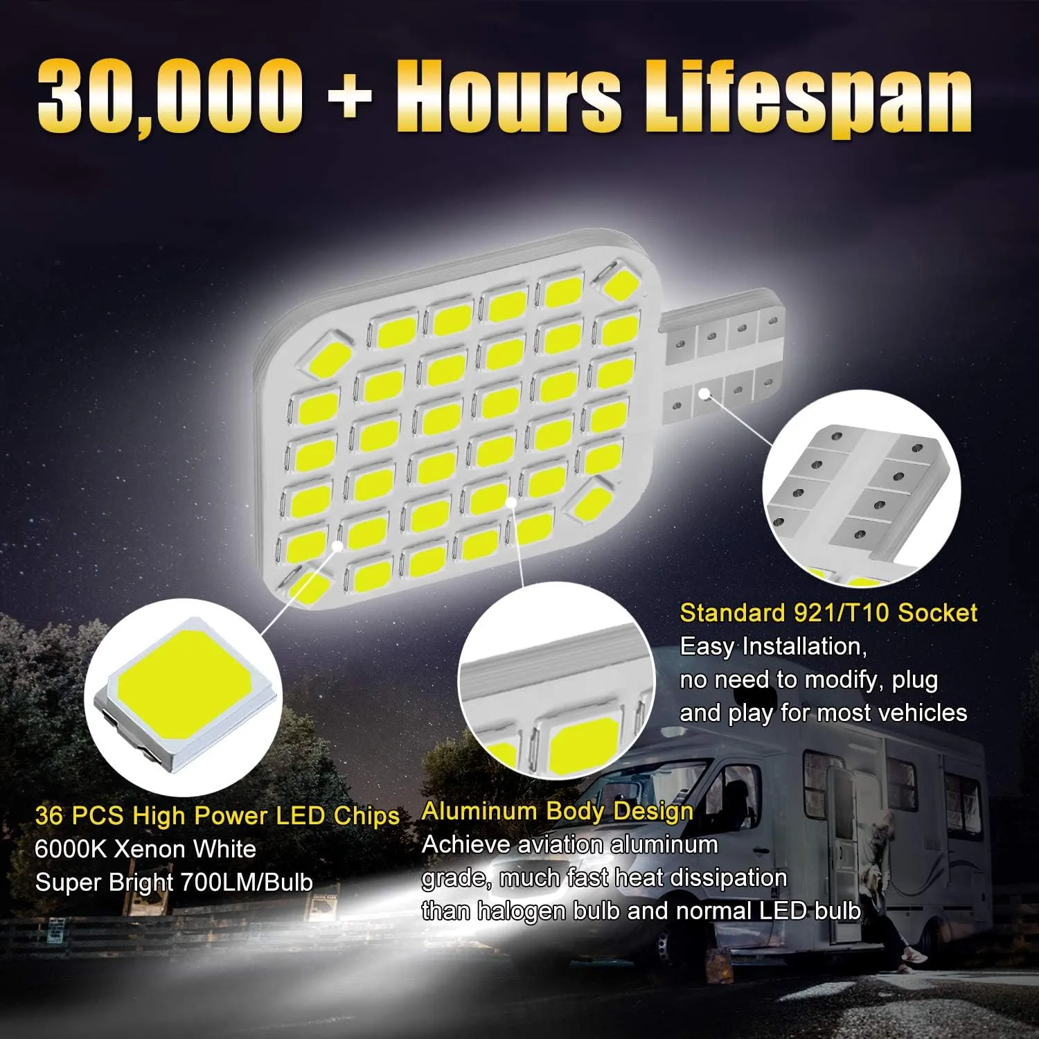 20PCS 921 Interior LED Light Bulbs for RV, Super Bright 36-SMD 6000K White T10 922 912 194 LED Bulbs Replacement for Camper Trailer Motorhome Indoor Ceiling Dome Lights(12V DC)