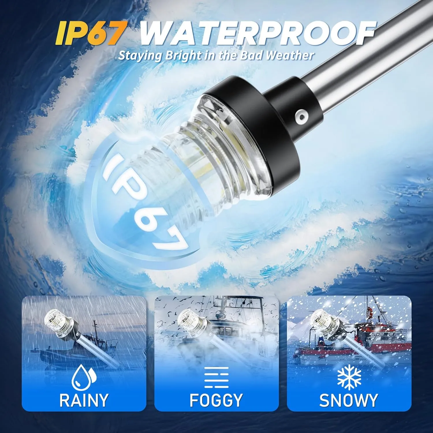 24" Anchor Light Stern Lights, Waterproof IP67 White Fold Down Back Navigation Lights for Boats LED for Marine, Pontoon, Jon Boat, Bass Boat (12-24V)
