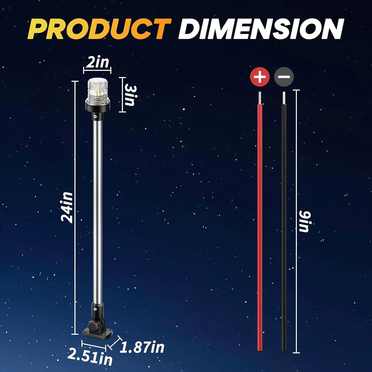 24" Anchor Light Stern Lights, Waterproof IP67 White Fold Down Back Navigation Lights for Boats LED for Marine, Pontoon, Jon Boat, Bass Boat (12-24V)