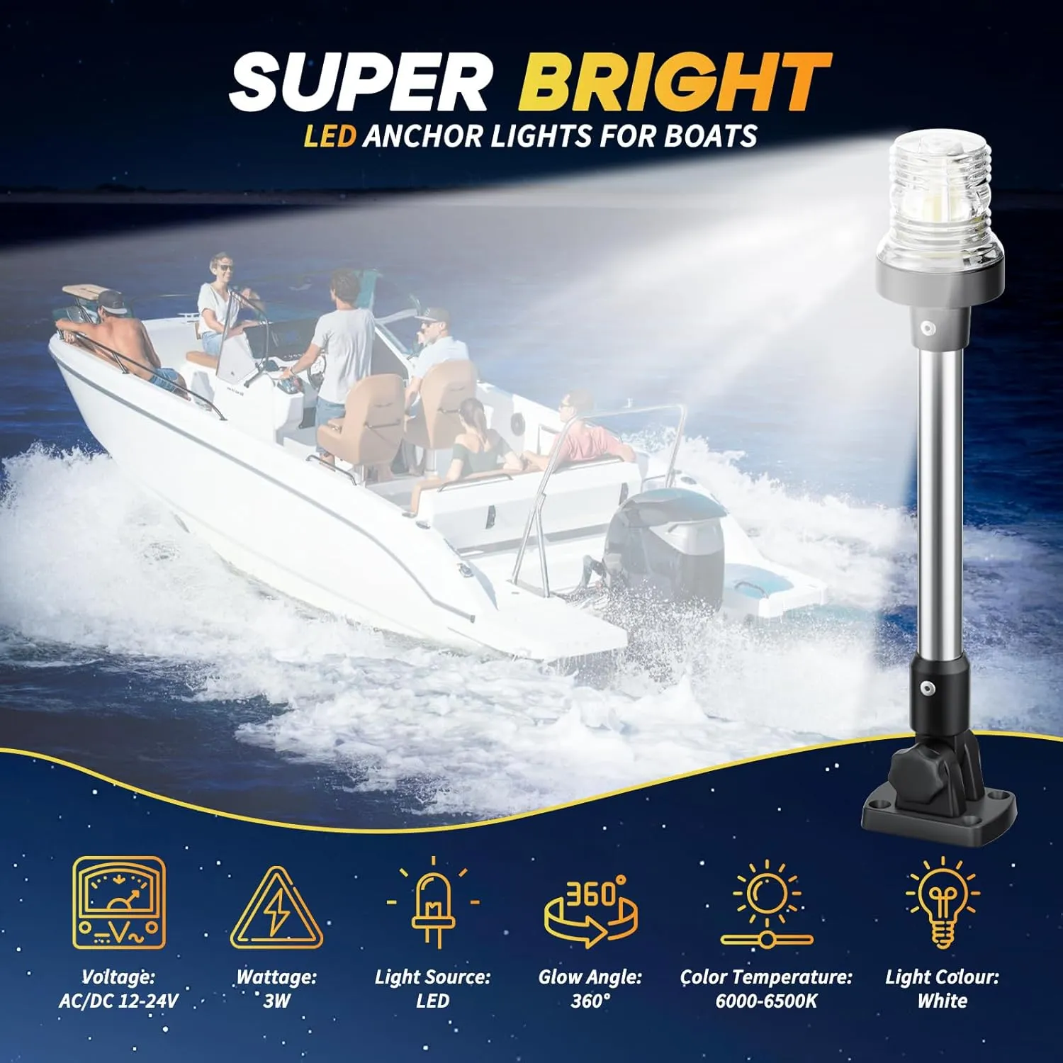 24" Anchor Light Stern Lights, Waterproof IP67 White Fold Down Back Navigation Lights for Boats LED for Marine, Pontoon, Jon Boat, Bass Boat (12-24V)
