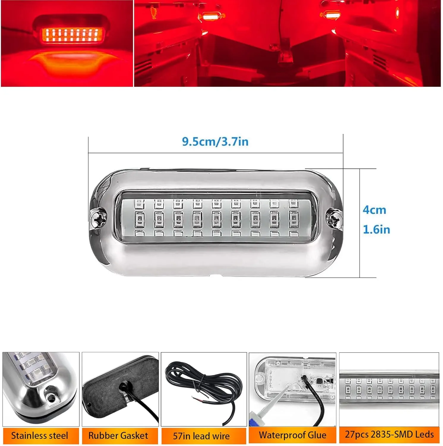 2Pcs Marine LED Boat Light,IP68 Waterproof 27LED Boat Interior Deck Pontoon Transom Led Stern Navigation Trailer Light,1200LM,10-24V(Red)