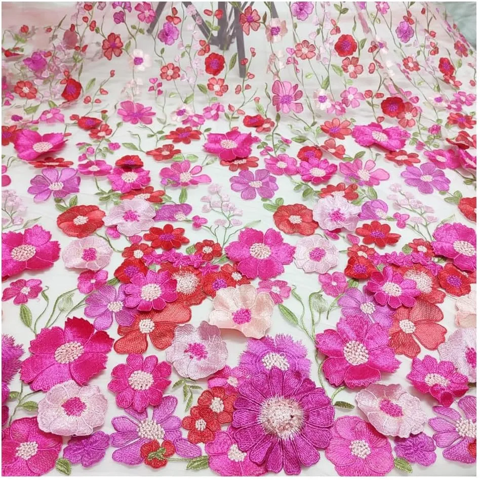 3D Flowers Embroidery Lace Fabric, 59 Inch Wide Soft Tulle Mesh Embroidered Lace Trim DIY Custom Clothes Wedding Dresses Curtain Table Cloth Sewing Fabric (2 Yards,Pink)