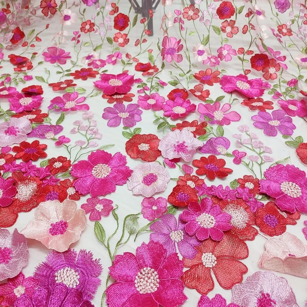 3D Flowers Embroidery Lace Fabric, 59 Inch Wide Soft Tulle Mesh Embroidered Lace Trim DIY Custom Clothes Wedding Dresses Curtain Table Cloth Sewing Fabric (2 Yards,Pink)