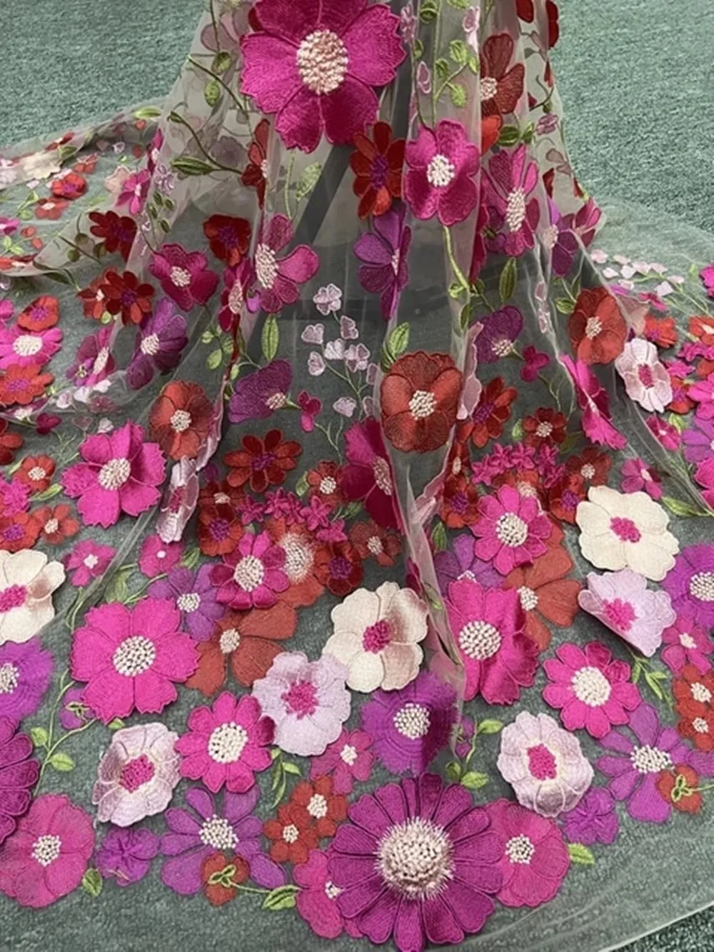 3D Flowers Embroidery Lace Fabric, 59 Inch Wide Soft Tulle Mesh Embroidered Lace Trim DIY Custom Clothes Wedding Dresses Curtain Table Cloth Sewing Fabric (2 Yards,Pink)