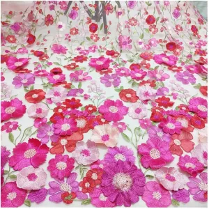 3D Flowers Embroidery Lace Fabric, 59 Inch Wide Soft Tulle Mesh Embroidered Lace Trim DIY Custom Clothes Wedding Dresses Curtain Table Cloth Sewing Fabric (2 Yards,Pink)