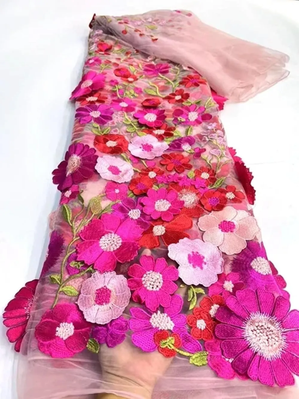3D Flowers Embroidery Lace Fabric, 59 Inch Wide Soft Tulle Mesh Embroidered Lace Trim DIY Custom Clothes Wedding Dresses Curtain Table Cloth Sewing Fabric (2 Yards,Pink)