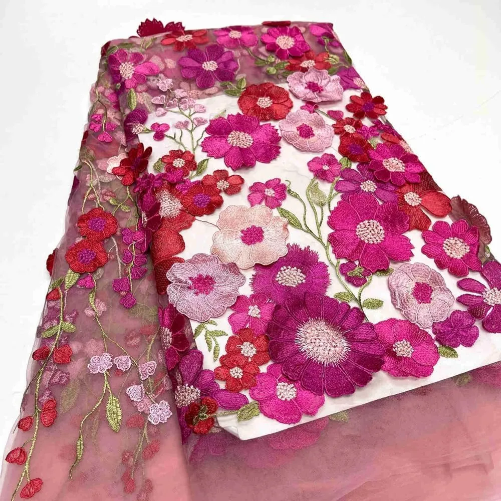 3D Flowers Embroidery Lace Fabric, 59 Inch Wide Soft Tulle Mesh Embroidered Lace Trim DIY Custom Clothes Wedding Dresses Curtain Table Cloth Sewing Fabric (2 Yards,Pink)