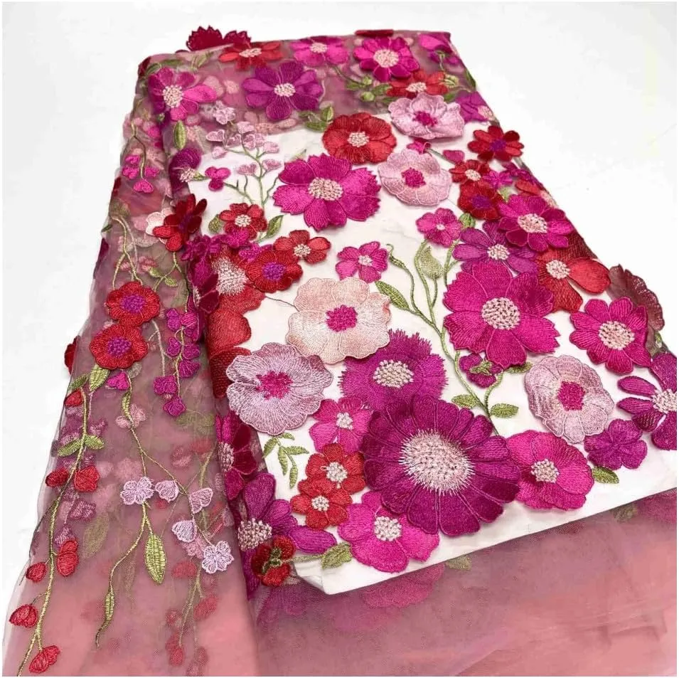 3D Flowers Embroidery Lace Fabric, 59 Inch Wide Soft Tulle Mesh Embroidered Lace Trim DIY Custom Clothes Wedding Dresses Curtain Table Cloth Sewing Fabric (2 Yards,Pink)