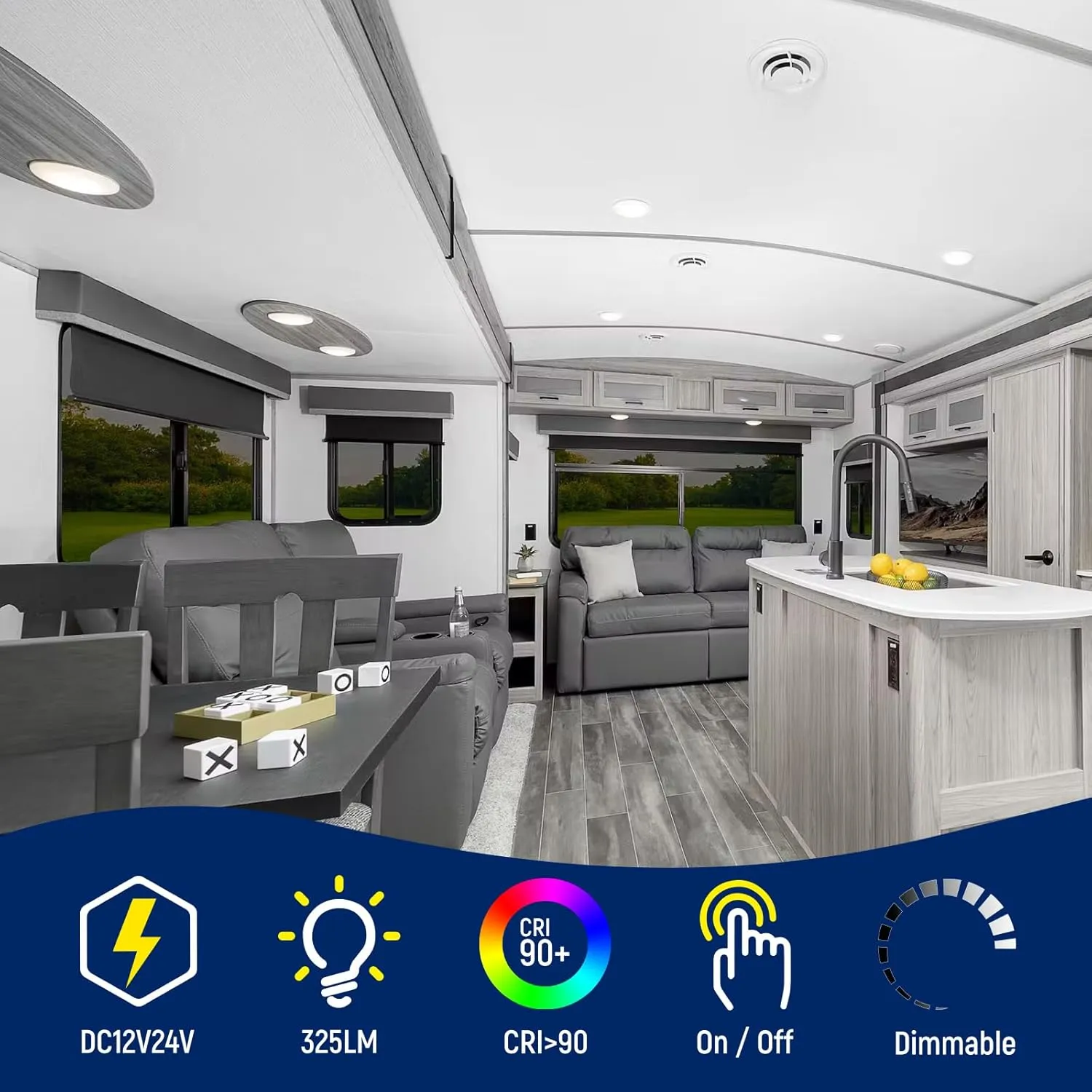 4 Pack RV Interior Ceiling Dome Light 4.5 Inch, Press Dimmer Switch & Blue Nightlight,12V Dimmable Puck Light for Motorhome Trailer Fifth Wheel Truck Coach Enclosed Trailer(3000K)