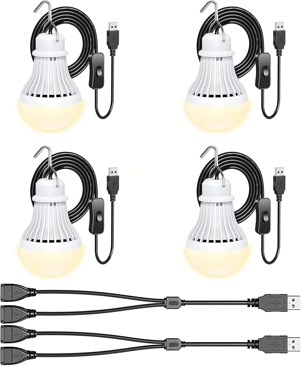4 Pack USB Light Bulb, USB LED Camping Light Lantern, 8.2 ft Extra Length Cord Tent Light with USB Y-Cable, Portable LED Bulb for Garage Warehouse Car Truck Fishing Boat Room Emergency Light, Warm