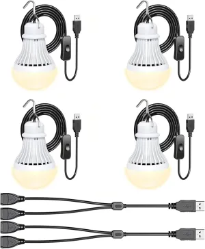 4 Pack USB Light Bulb, USB LED Camping Light Lantern, 8.2 ft Extra Length Cord Tent Light with USB Y-Cable, Portable LED Bulb for Garage Warehouse Car Truck Fishing Boat Room Emergency Light, Warm