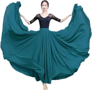 720 Degree Chiffon Skirt Ballet Belly Dance Women Double-Layer Long Skirts Dancer Practice Wear Performance(Color-E,S Length 85cm)