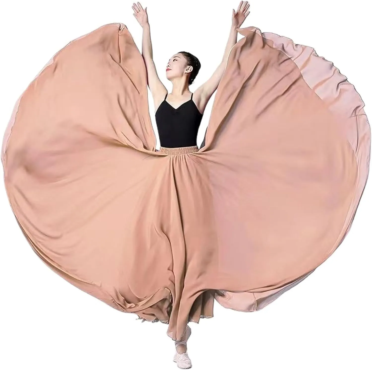 720 Degree Chiffon Skirt Ballet Belly Dance Women Double-Layer Long Skirts Dancer Practice Wear Performance(Color-E,S Length 85cm)