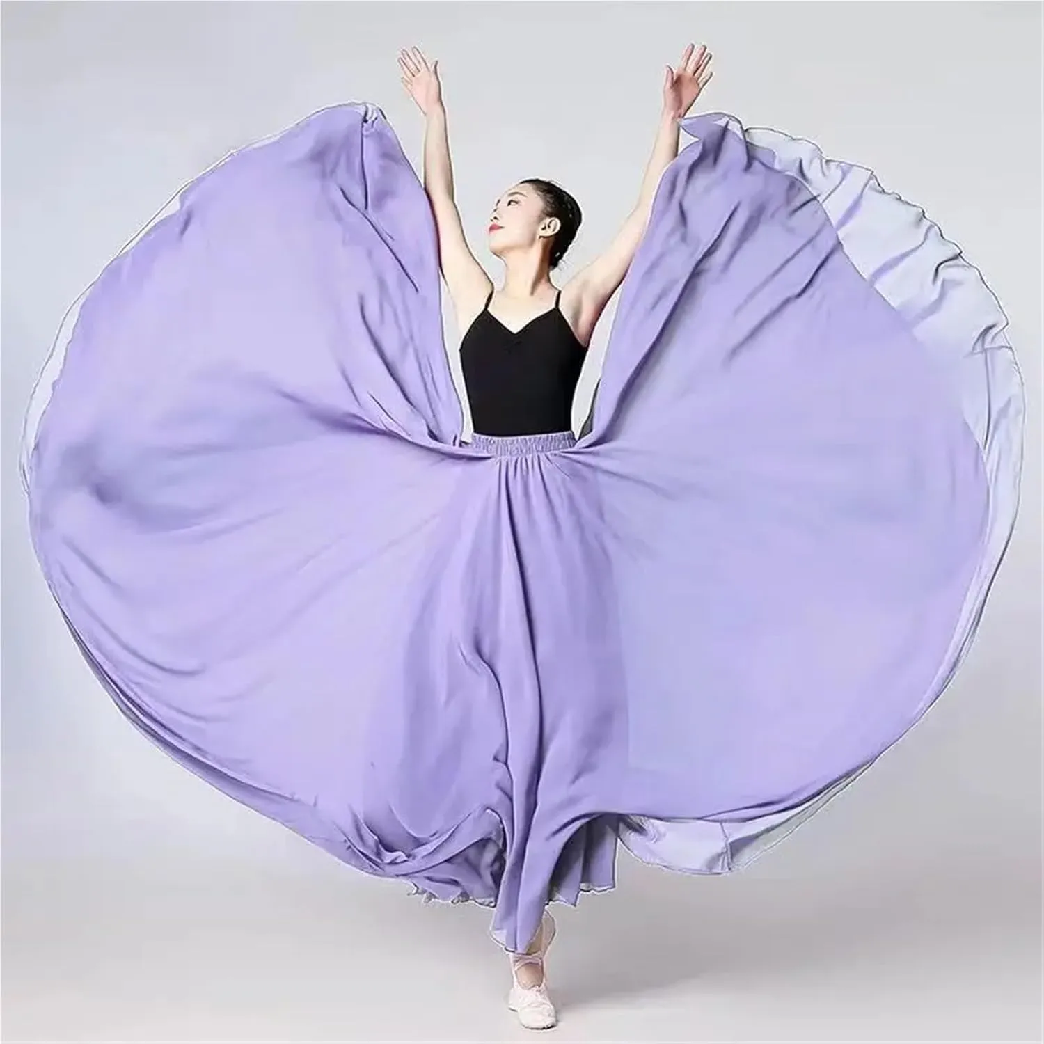720 Degree Chiffon Skirt Ballet Belly Dance Women Double-Layer Long Skirts Dancer Practice Wear Performance(Color-E,S Length 85cm)