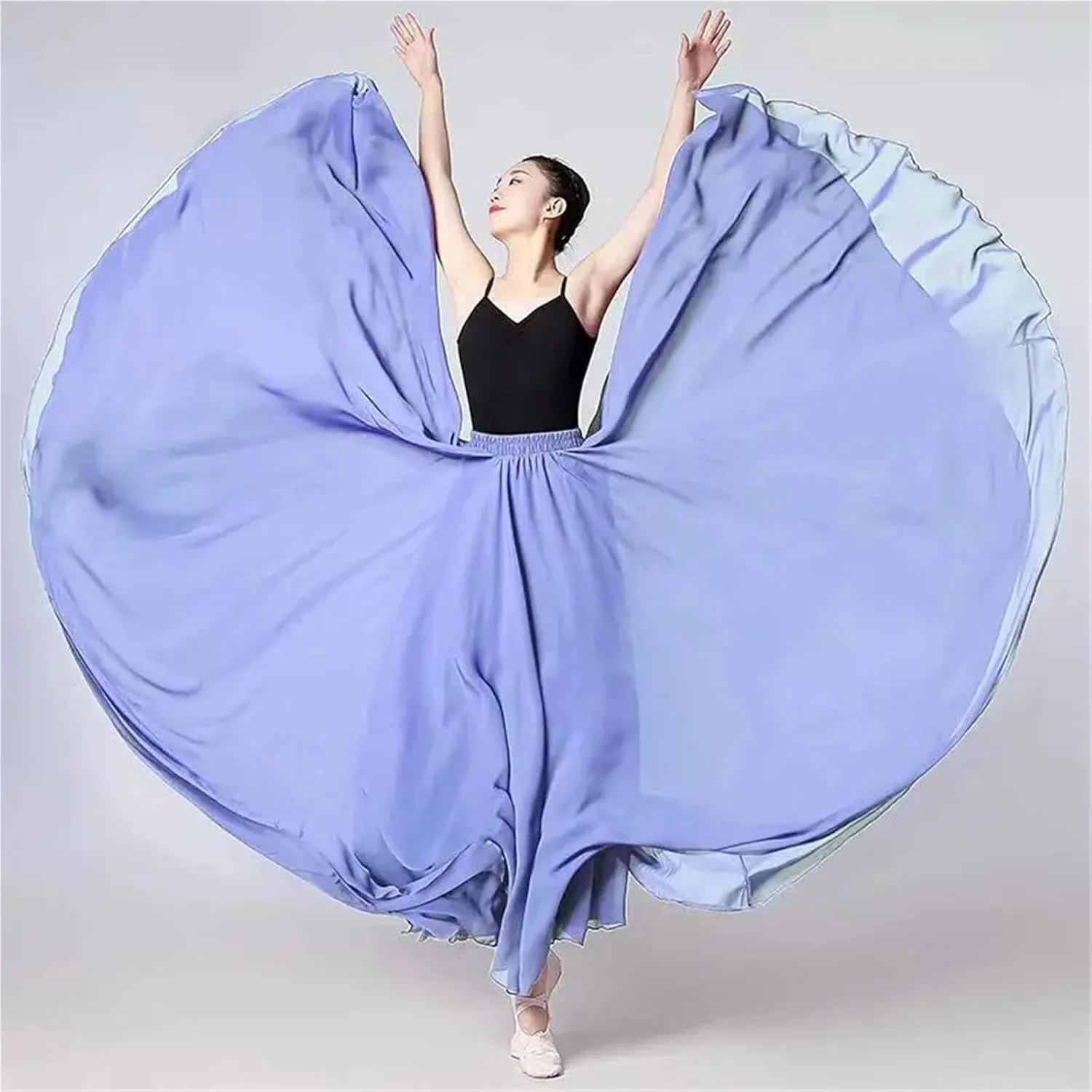 720 Degree Chiffon Skirt Ballet Belly Dance Women Double-Layer Long Skirts Dancer Practice Wear Performance(Color-E,S Length 85cm)