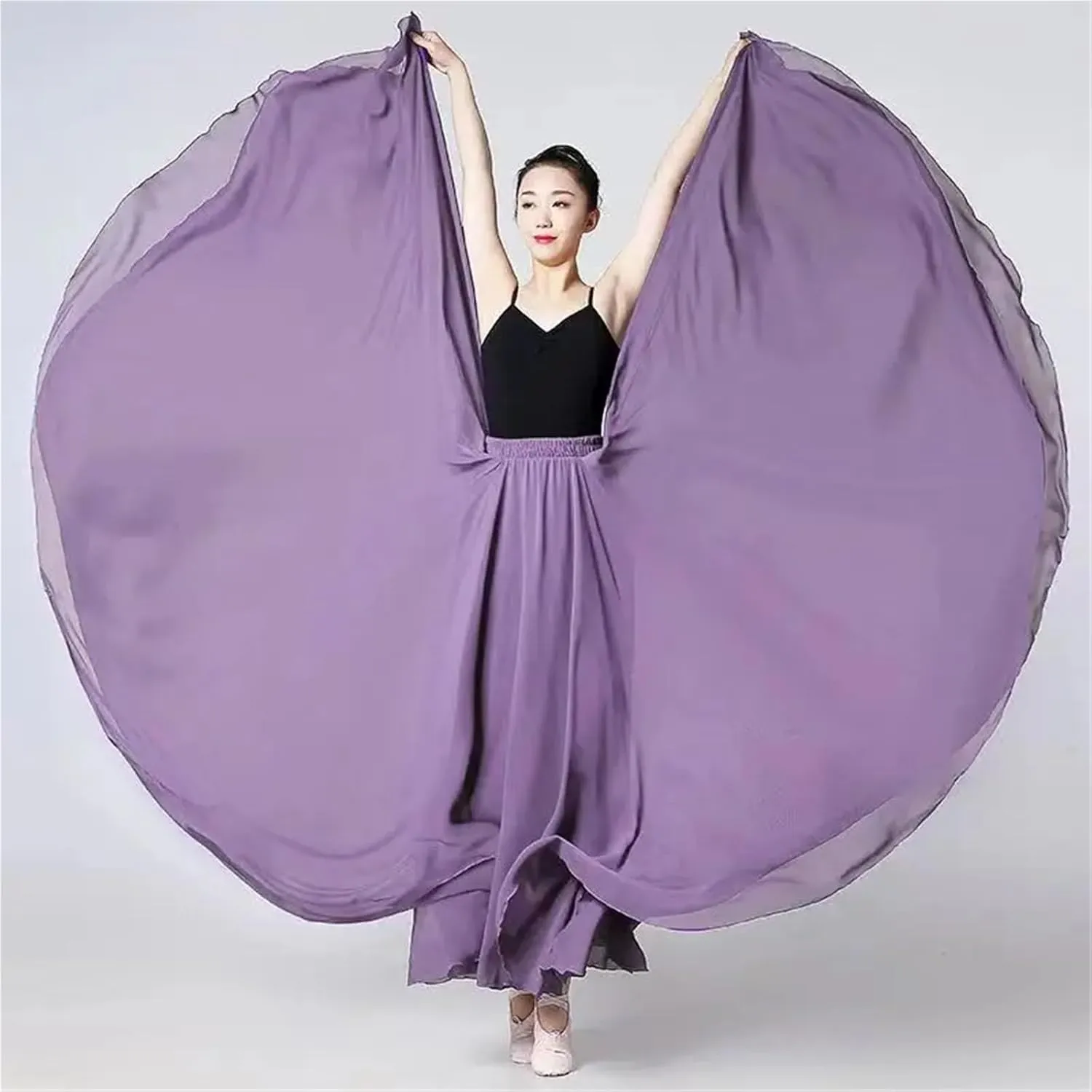 720 Degree Chiffon Skirt Ballet Belly Dance Women Double-Layer Long Skirts Dancer Practice Wear Performance(Color-E,S Length 85cm)