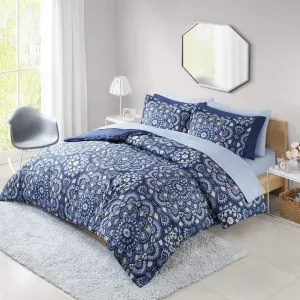 9 Piece Bohemian Style Navy Blue Floral Comforter Set Full Size Bed in a Bag | Beautiful Medallion Floral Design Rich Hues Adorns Shabby Chic Boho Bedding, Lightweight Soft Comfortable Cozy Microfiber
