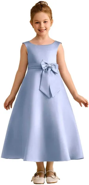 A-Line Princess Satin Flower Girl Dress Ankle-Length Sleeveless Junior Bridesmaid Dress with Bows