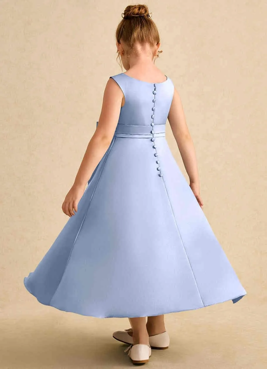 A-Line Princess Satin Flower Girl Dress Ankle-Length Sleeveless Junior Bridesmaid Dress with Bows