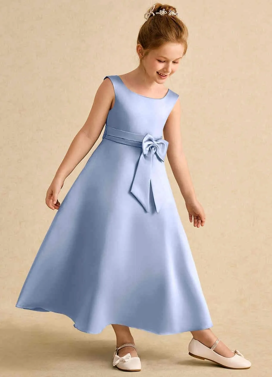 A-Line Princess Satin Flower Girl Dress Ankle-Length Sleeveless Junior Bridesmaid Dress with Bows