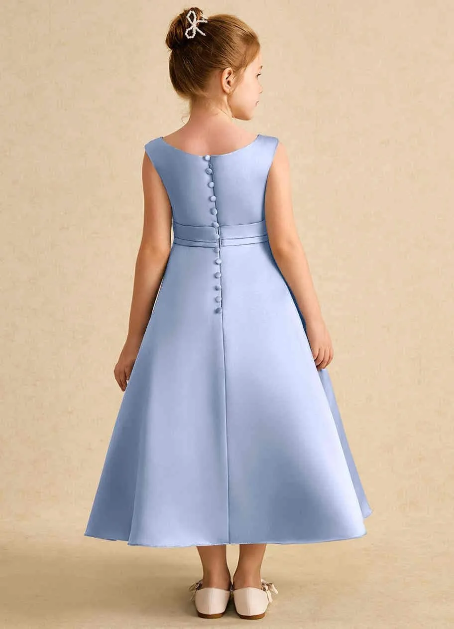 A-Line Princess Satin Flower Girl Dress Ankle-Length Sleeveless Junior Bridesmaid Dress with Bows