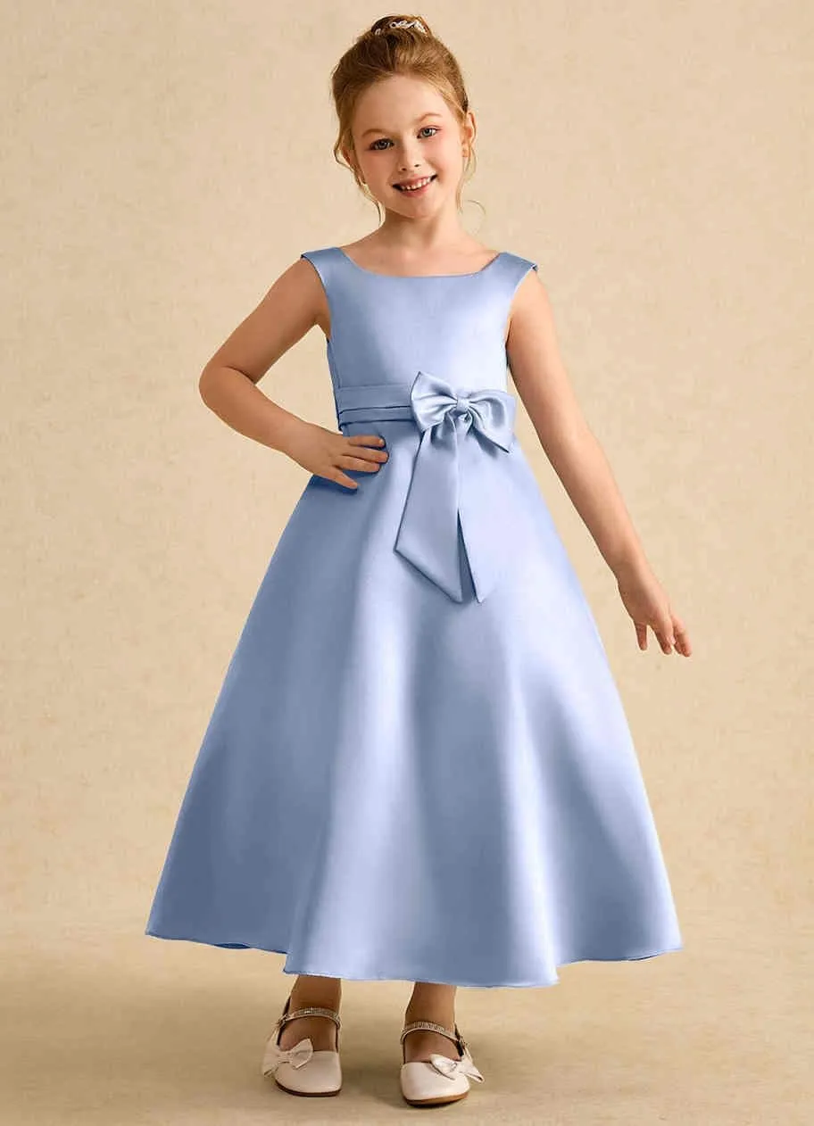 A-Line Princess Satin Flower Girl Dress Ankle-Length Sleeveless Junior Bridesmaid Dress with Bows