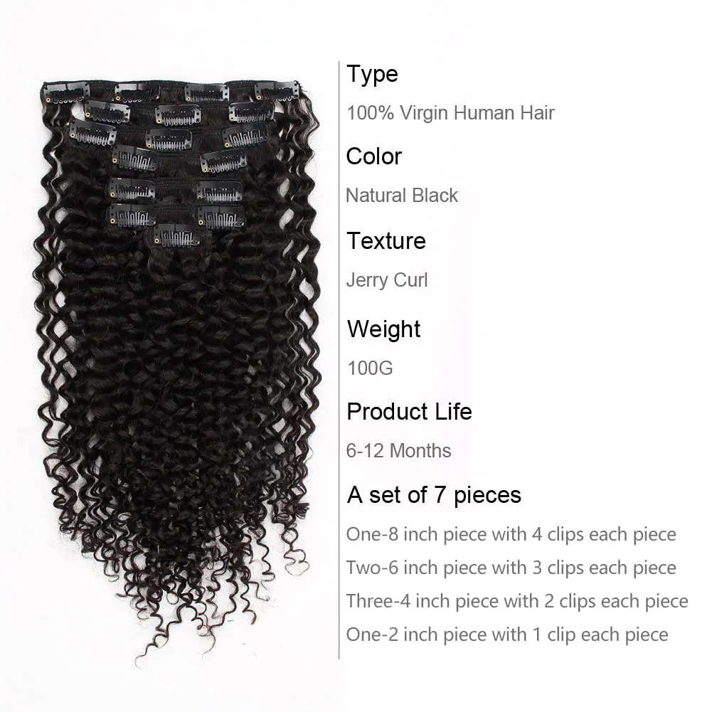 ABH AMAZINGBEAUTY HAIR Jerry Curly Clip in Hair Extensions Real Human Hair 3B 3C Double Wefts Curly Clip ins for African Americans 120g 7 Pieces 17 Clips 120 Grams, Natural Black 14 Inch
