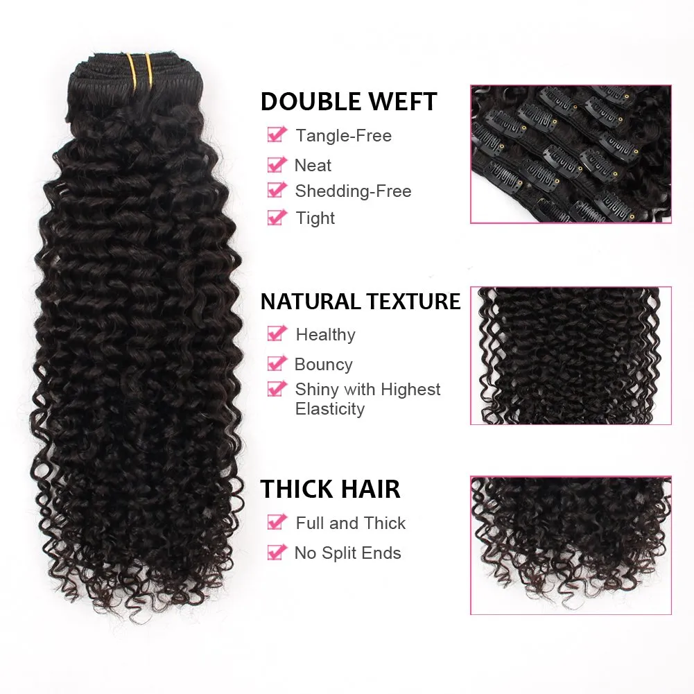 ABH AMAZINGBEAUTY HAIR Jerry Curly Clip in Hair Extensions Real Human Hair 3B 3C Double Wefts Curly Clip ins for African Americans 120g 7 Pieces 17 Clips 120 Grams, Natural Black 14 Inch