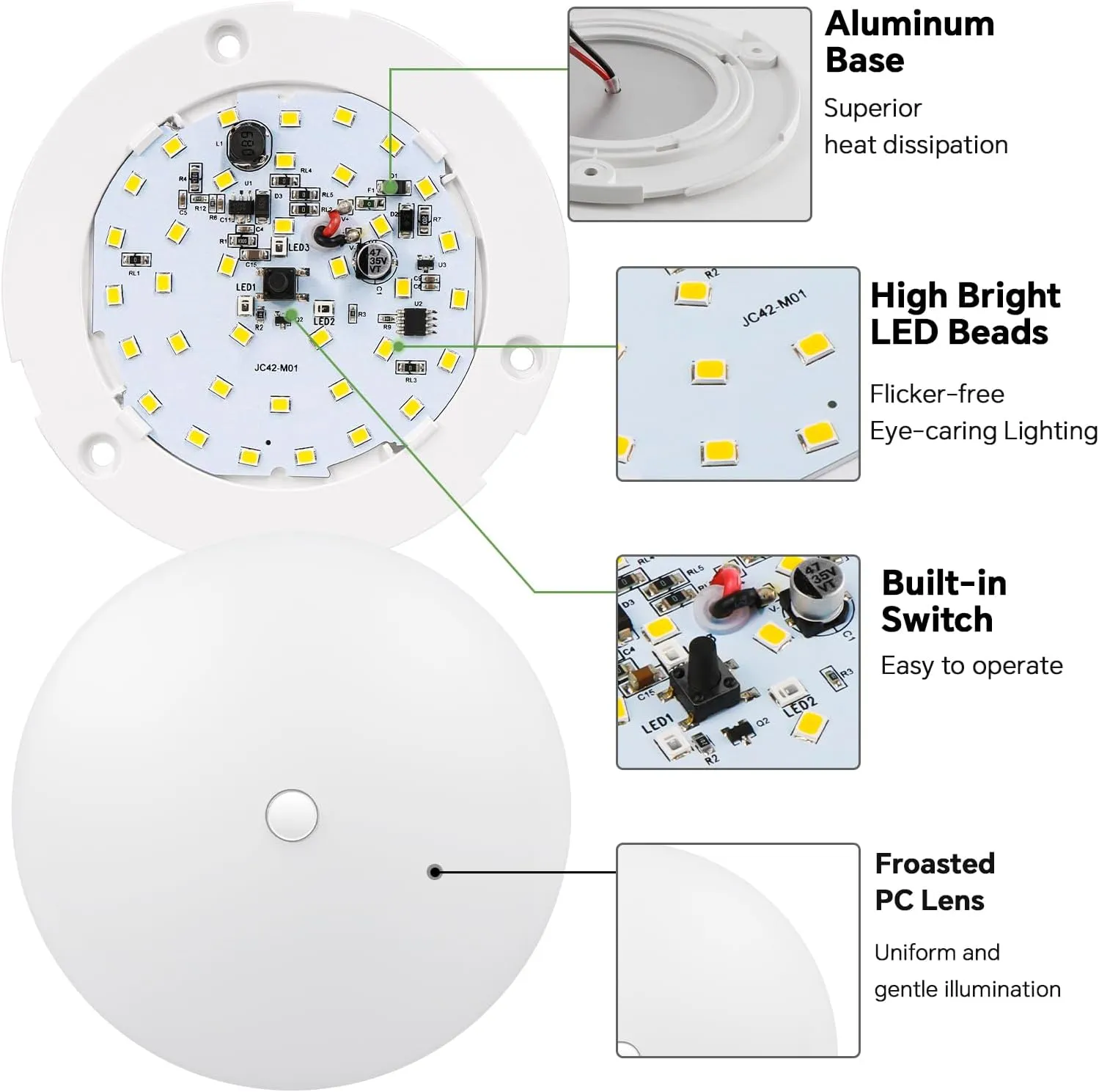 acegoo RV Ceiling Dome Light 4.5 Inch 12V Overhead LED Puck Light for Motorhome Boat Camper Trailer Truck Car, Surface Mount CRI90  6-Pack (5000K with Blue Nightlight)