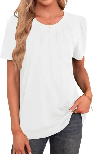Agnes Urban Womens Tops Dressy Casual Short Sleeve Shirts Summer Loose T Shirts Trendy Tops Pleated Tunic Blouses