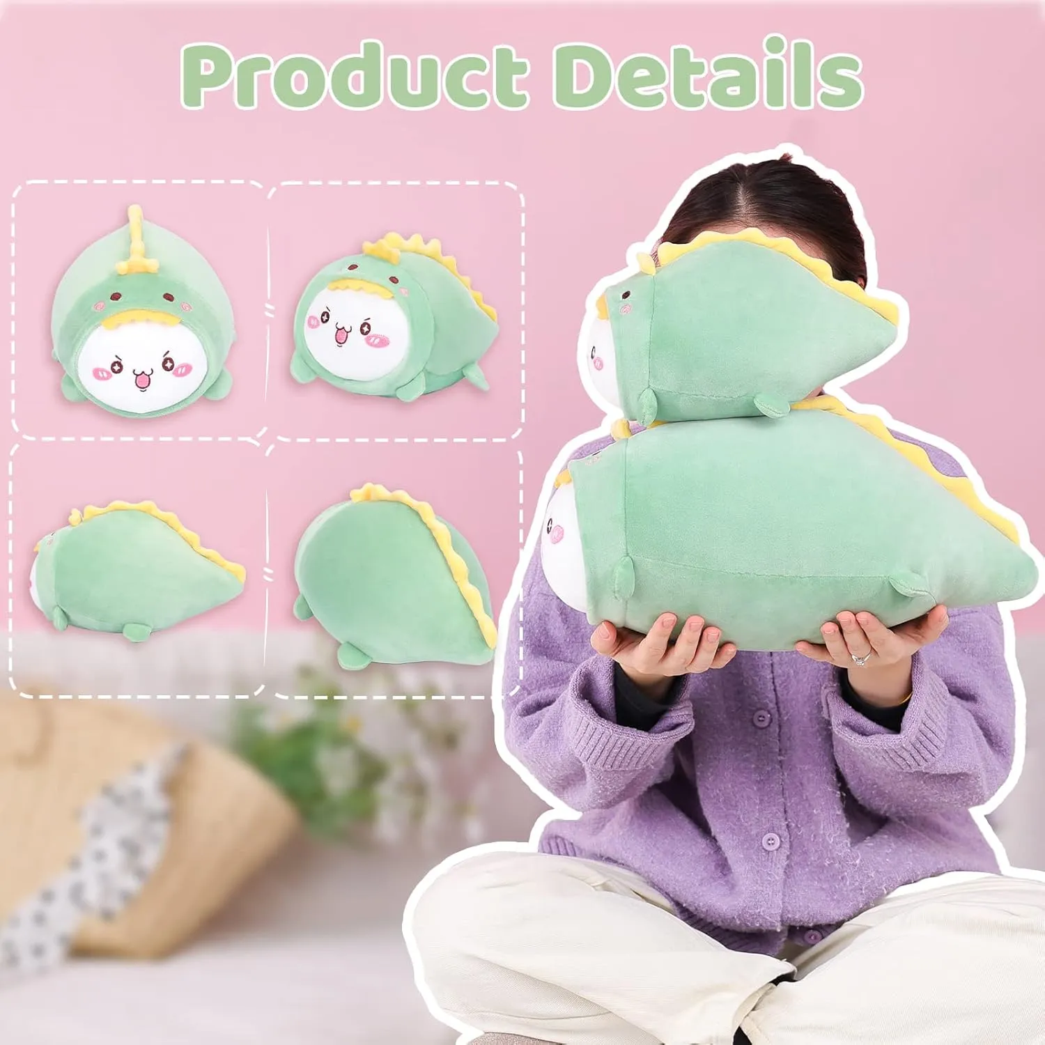 AIXINI Cute Cat Dinosaur Plush Pillow 15.7” Kitten Dino Stuffed Animal, Soft Kawaii Cat Plushie with Dinosaur Outfit Costume, Hugging Plush Pillow Toy Gifts