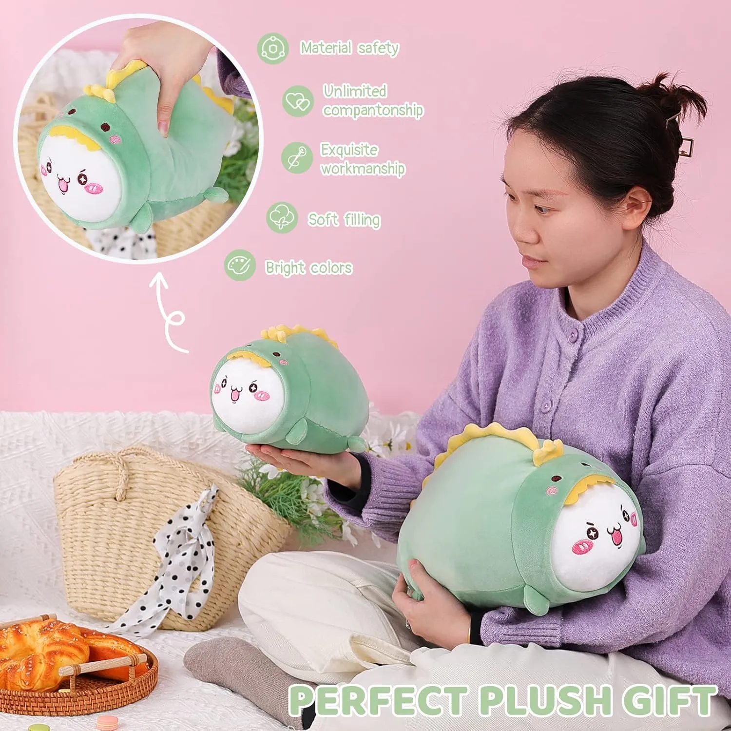 AIXINI Cute Cat Dinosaur Plush Pillow 15.7” Kitten Dino Stuffed Animal, Soft Kawaii Cat Plushie with Dinosaur Outfit Costume, Hugging Plush Pillow Toy Gifts