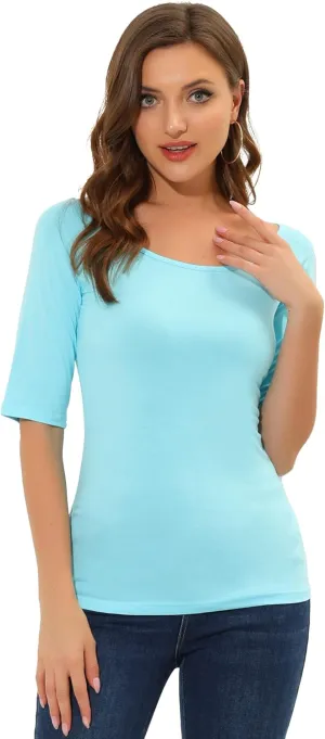 Allegra K Women's Half Sleeves Scoop Neck Fitted Layering Top Soft T-Shirt