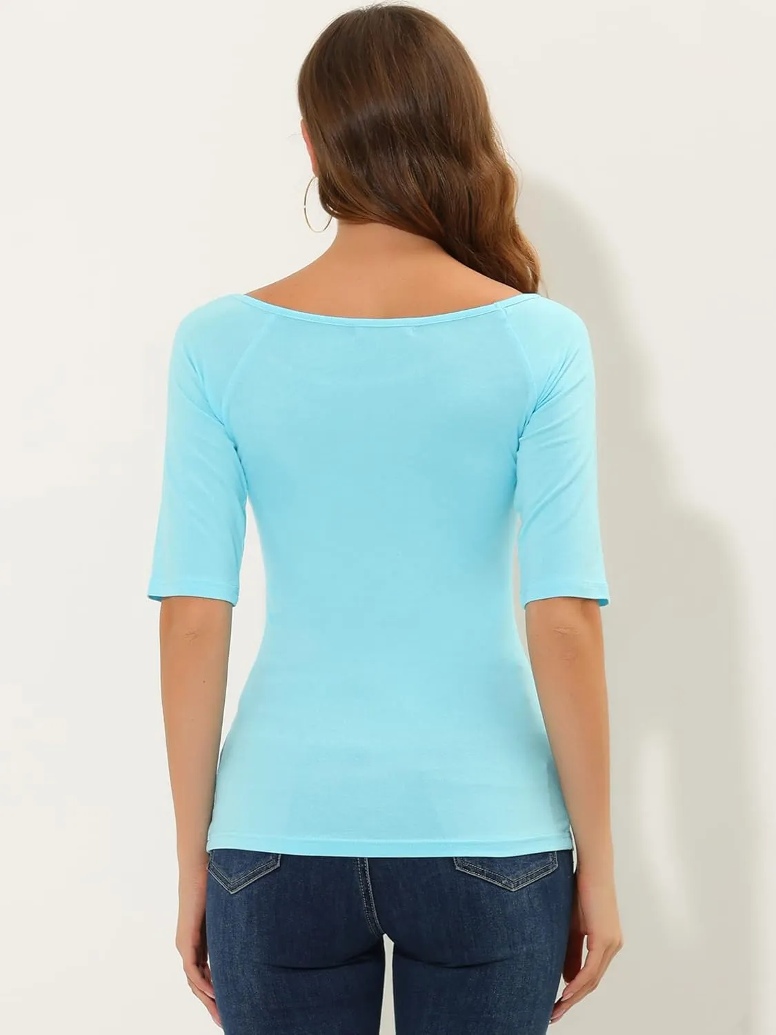 Allegra K Women's Half Sleeves Scoop Neck Fitted Layering Top Soft T-Shirt