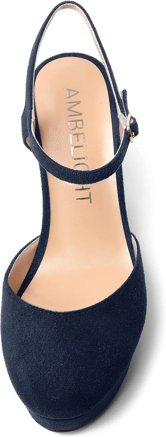 AMBELIGHT Womens Ankle Strap Sandals Night Club Round Toe Fashion Heels Suede Wedge High Heel Pumps Shoes 4 Inch