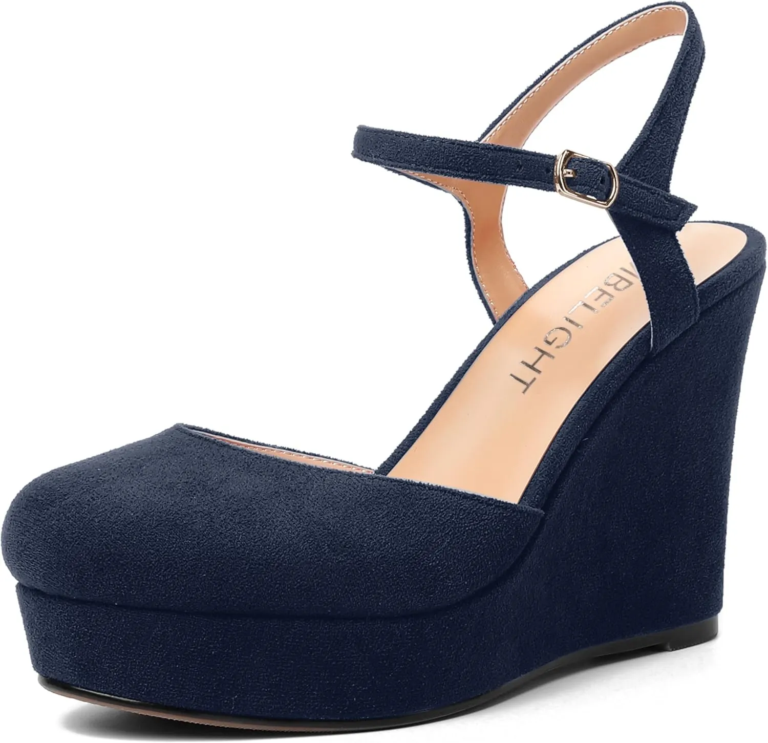 AMBELIGHT Womens Ankle Strap Sandals Night Club Round Toe Fashion Heels Suede Wedge High Heel Pumps Shoes 4 Inch
