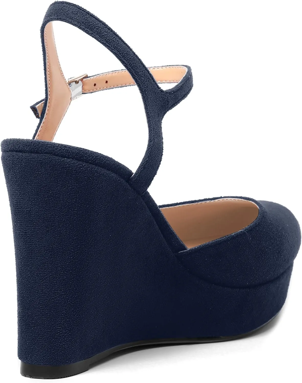 AMBELIGHT Womens Ankle Strap Sandals Night Club Round Toe Fashion Heels Suede Wedge High Heel Pumps Shoes 4 Inch