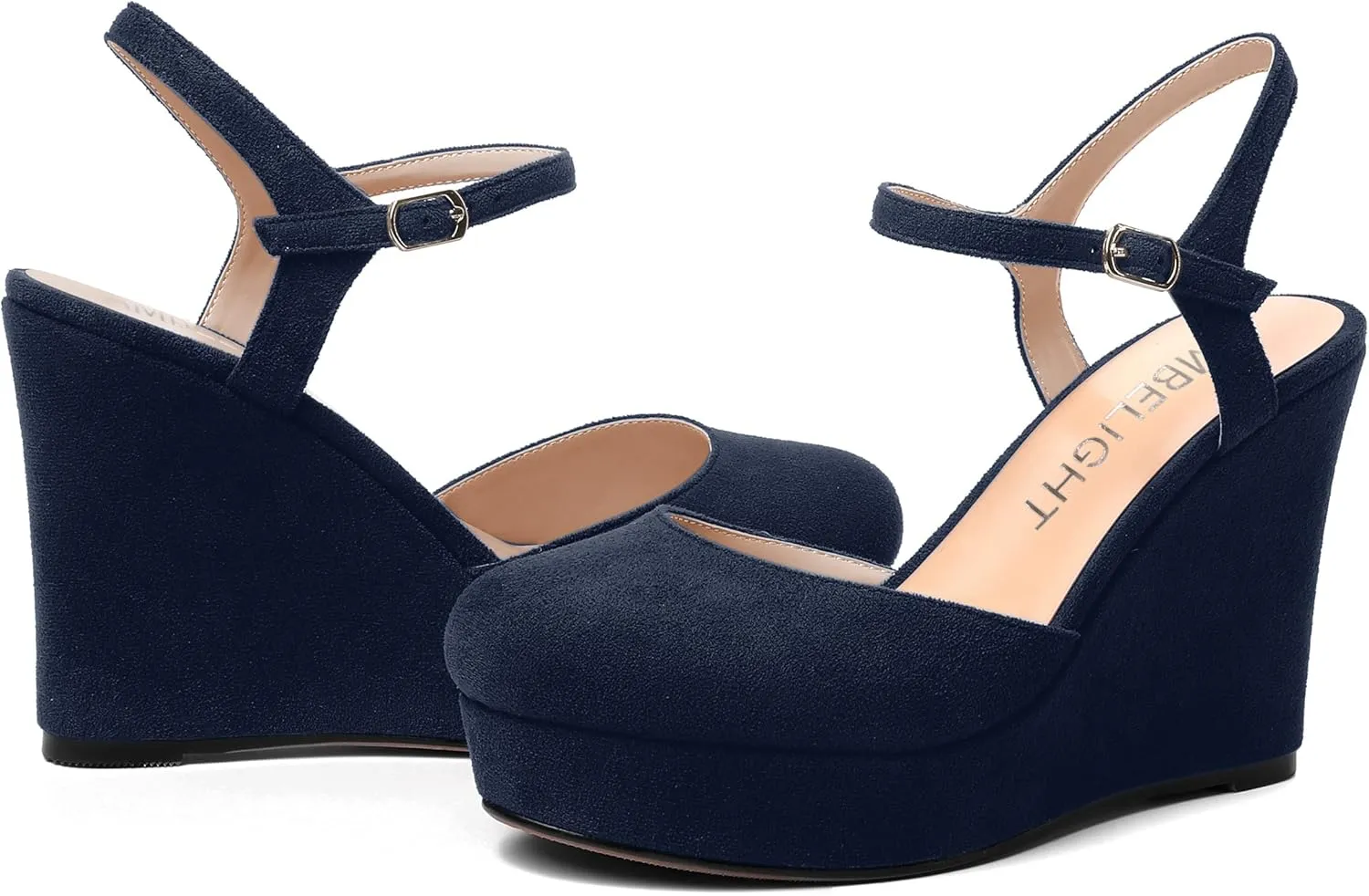 AMBELIGHT Womens Ankle Strap Sandals Night Club Round Toe Fashion Heels Suede Wedge High Heel Pumps Shoes 4 Inch