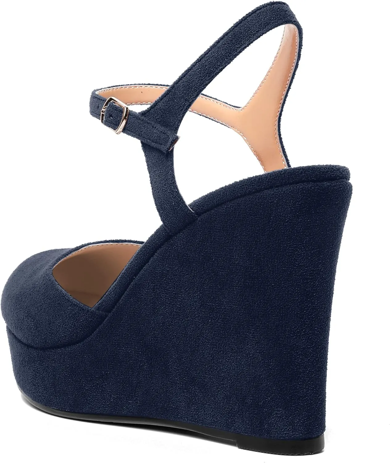 AMBELIGHT Womens Ankle Strap Sandals Night Club Round Toe Fashion Heels Suede Wedge High Heel Pumps Shoes 4 Inch
