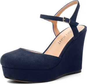 AMBELIGHT Womens Ankle Strap Sandals Night Club Round Toe Fashion Heels Suede Wedge High Heel Pumps Shoes 4 Inch