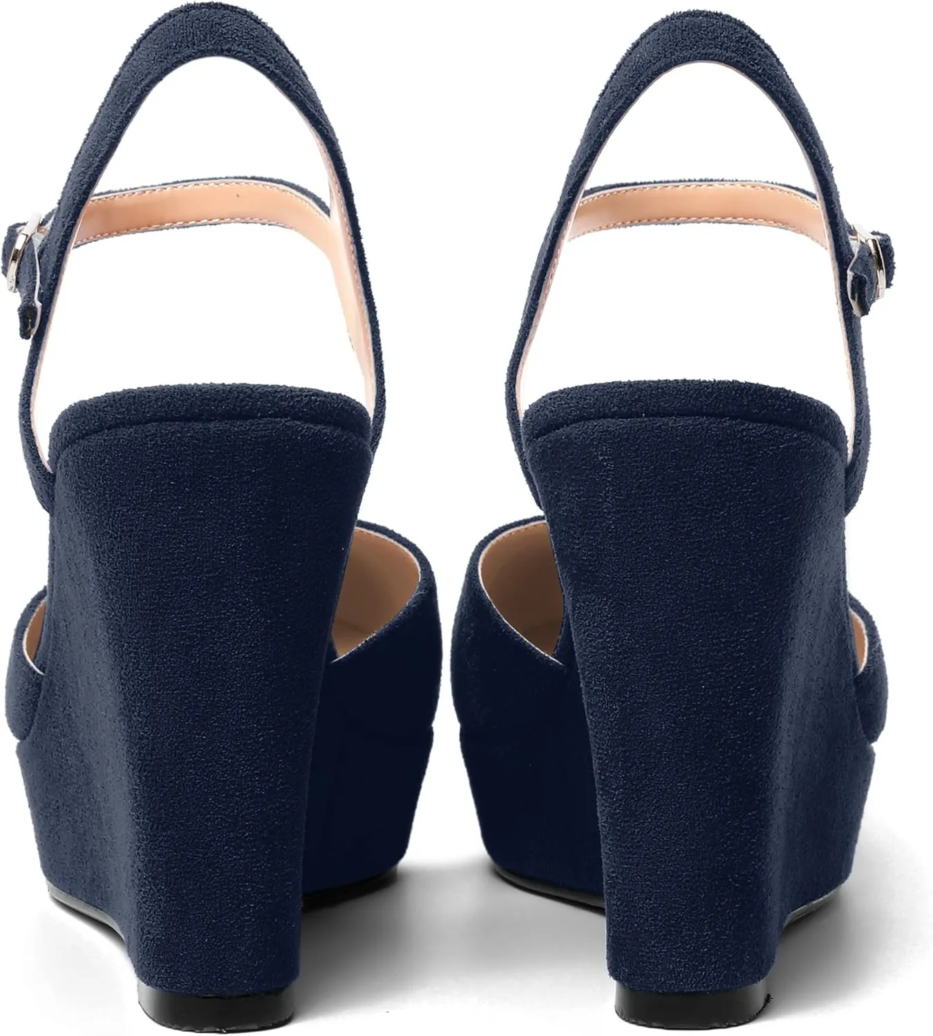 AMBELIGHT Womens Ankle Strap Sandals Night Club Round Toe Fashion Heels Suede Wedge High Heel Pumps Shoes 4 Inch