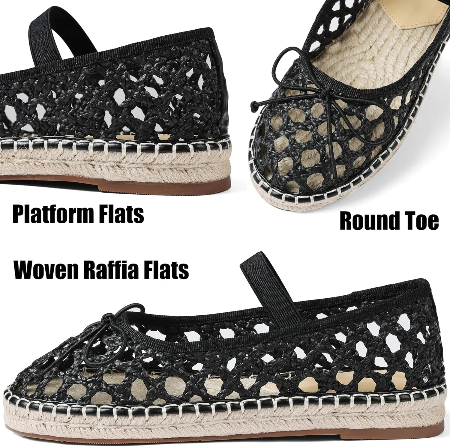 AMINUGAL Raffia Ballet Flats Shoes for Women Dressy Comfortable Woven Straw Women's Flat with Elastic Strap Mesh Bows Raffia Mary Janes Ballerina